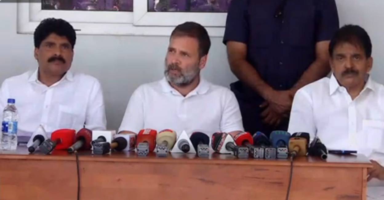 Rahul Gandhi addresses media in Wayanad. Photo: Screengrab/ Manorama News